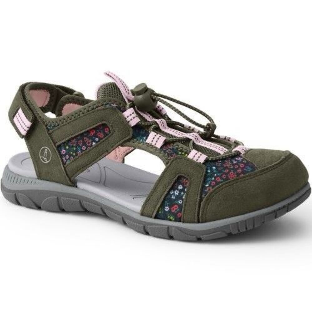 Lands End Hiking Sandals Women 7B Green Pink Floral Leather All Weather Shoes